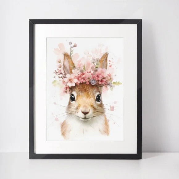 Watercolor Floral Squirrel Portrait Wall Art Illustration Print Poster Unframed - Picture 3 of 6